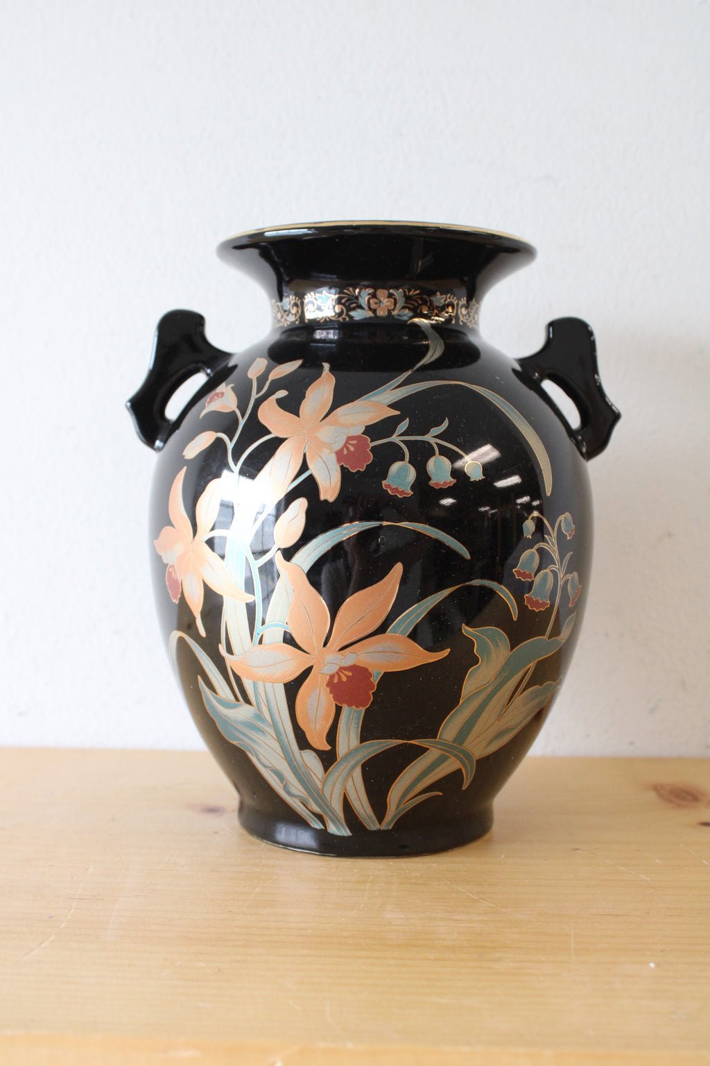 Vintage Fine China Japan Black Floral Vase