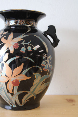 Vintage Fine China Japan Black Floral Vase