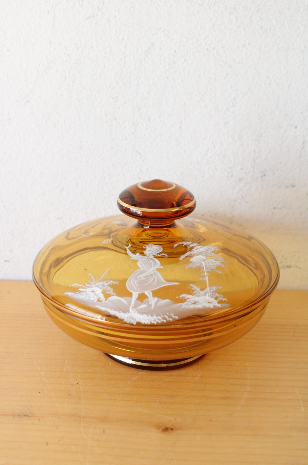 Mary Gregory Vintage Hand Painted Amber Glass Covered Dish