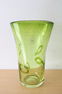 1970s Margie's Garden Hand Blown Vintage Mid-Century Controlled Bubble Green Glass Vase