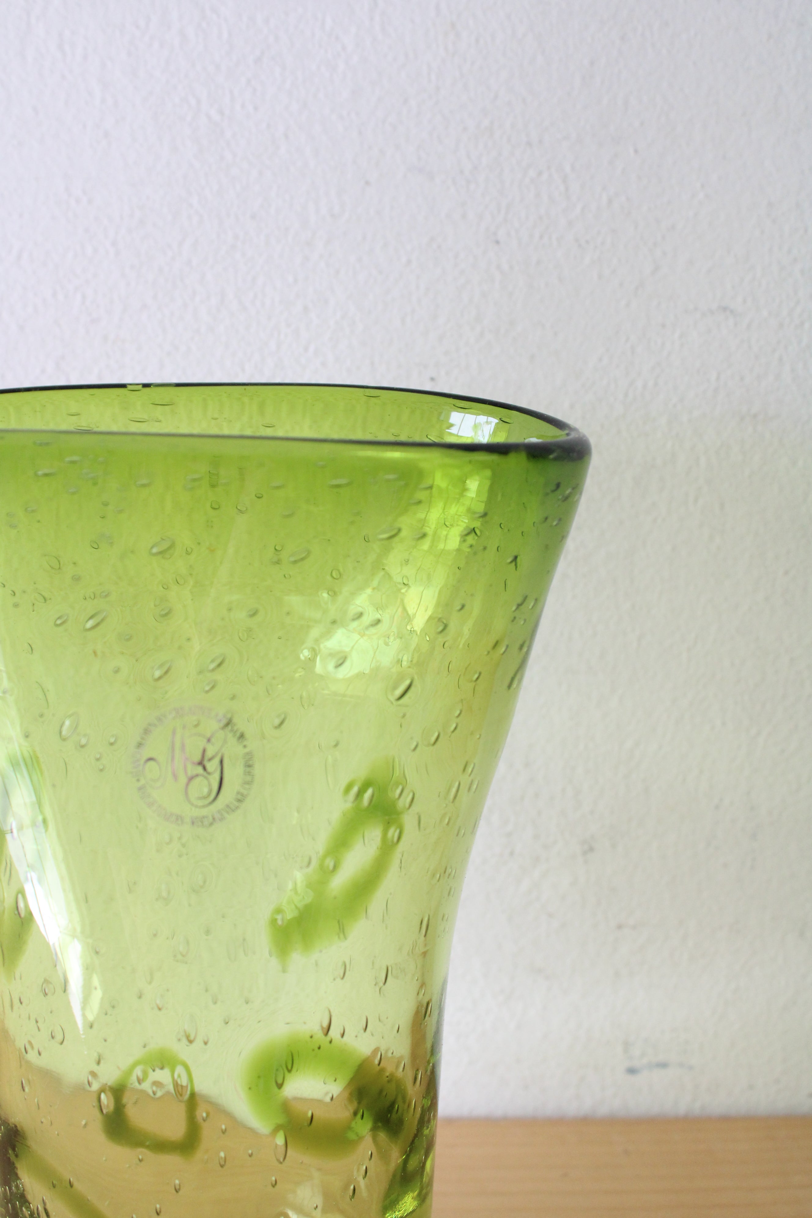 1970s Margie's Garden Hand Blown Vintage Mid-Century Controlled Bubble Green Glass Vase