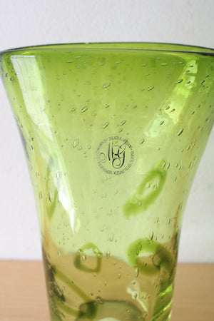 1970s Margie's Garden Hand Blown Vintage Mid-Century Controlled Bubble Green Glass Vase