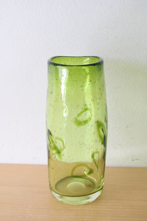 1970s Margie's Garden Hand Blown Vintage Mid-Century Controlled Bubble Green Glass Vase