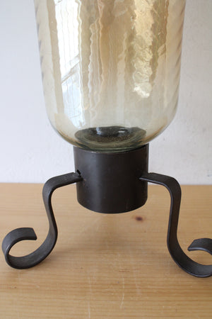 Large Tan Blown Glass Wrought Iron Hurricane Lamp | 15.5"