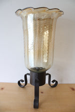 Large Tan Blown Glass Wrought Iron Hurricane Lamp | 15.5"