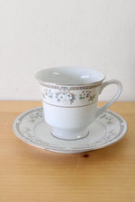 White & Green Floral China Silver Rim Teacup & Saucer