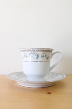 White & Green Floral China Silver Rim Teacup & Saucer