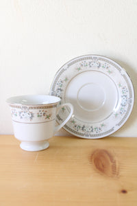 White & Green Floral China Silver Rim Teacup & Saucer