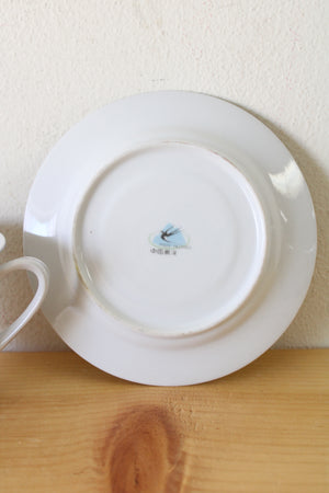White & Green Floral China Silver Rim Teacup & Saucer
