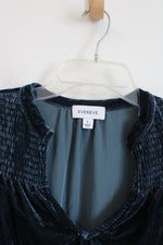 Evereve Yana Dark Blue Ruffled Smocked Long Sleeved Shirt | S