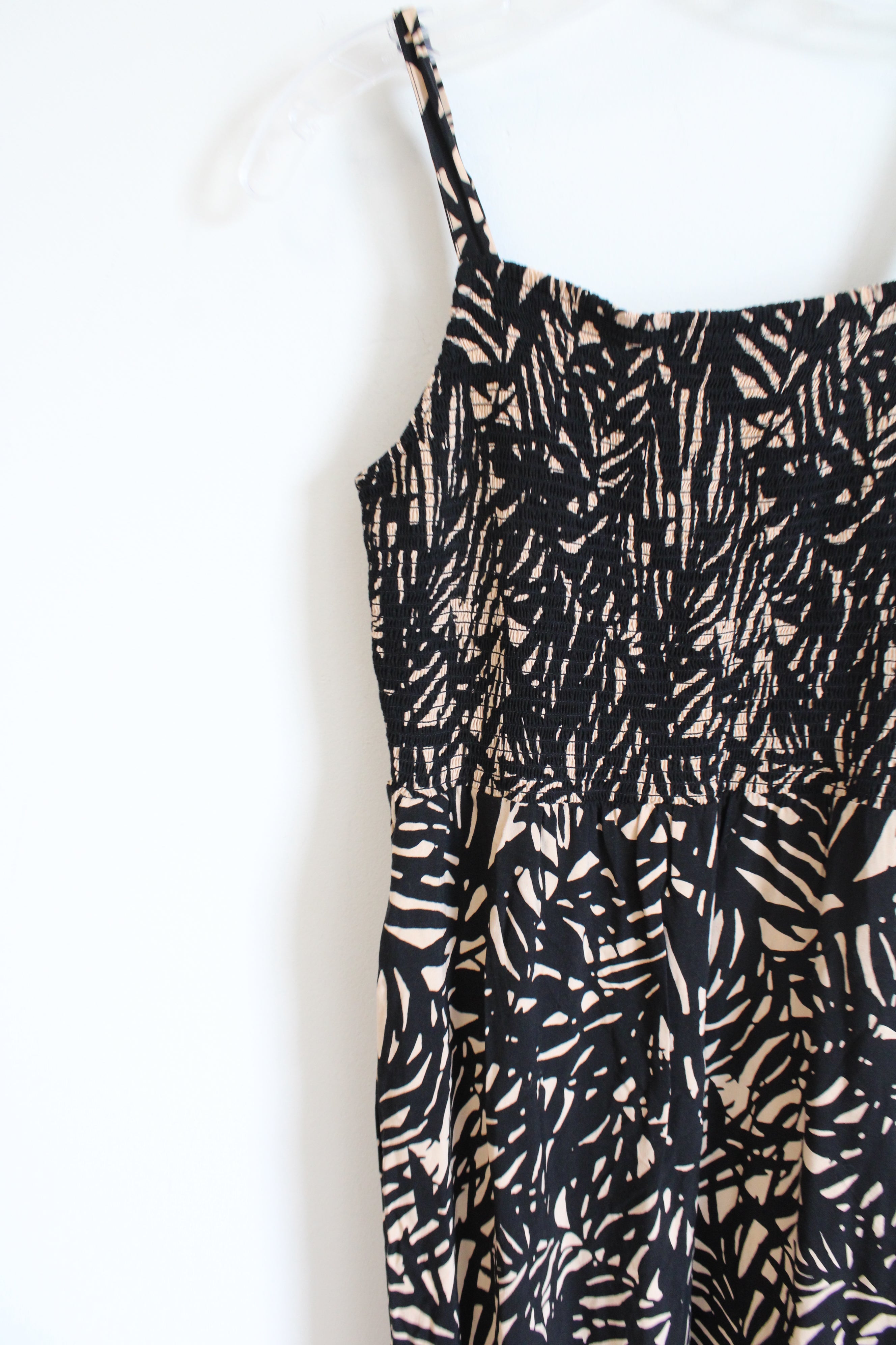 Old Navy Cami Black Tan Tropical Leaf Patterned Smocked Dress | S