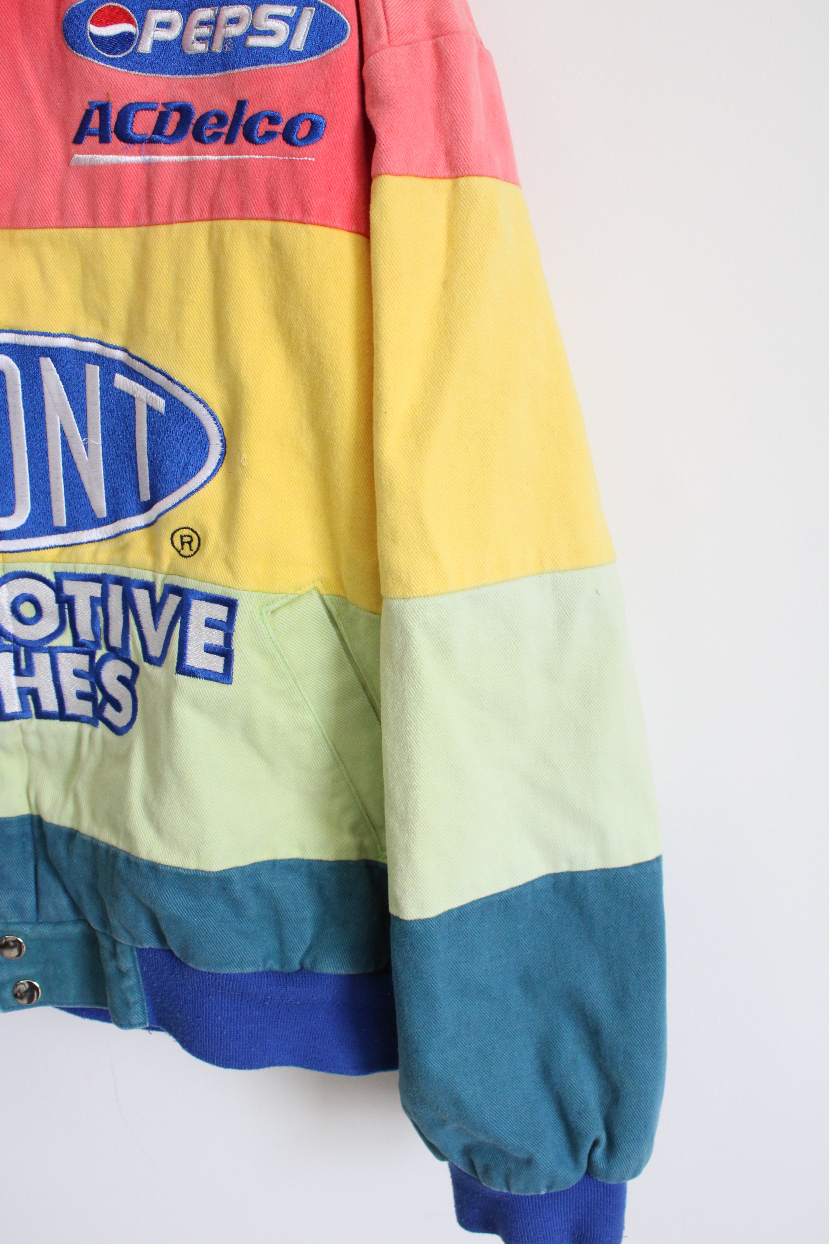 Chase Authentics Vintage Du Pont Automotive Rainbow Striped Denim Racing Jacket | XL