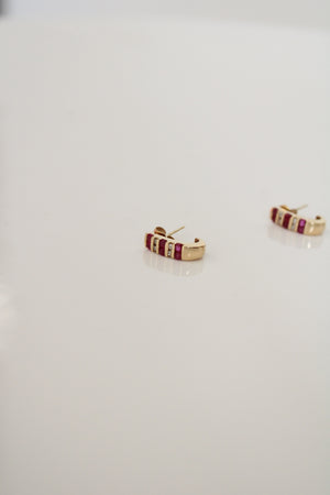 14KT 585 Ruby & Diamond Gold Huggie Hoop Earrings