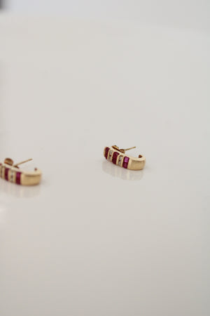 14KT 585 Ruby & Diamond Gold Huggie Hoop Earrings