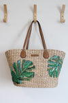 Michael Kors Woven Straw Monstera Beaded Leaves Beach Bag Tote Purse