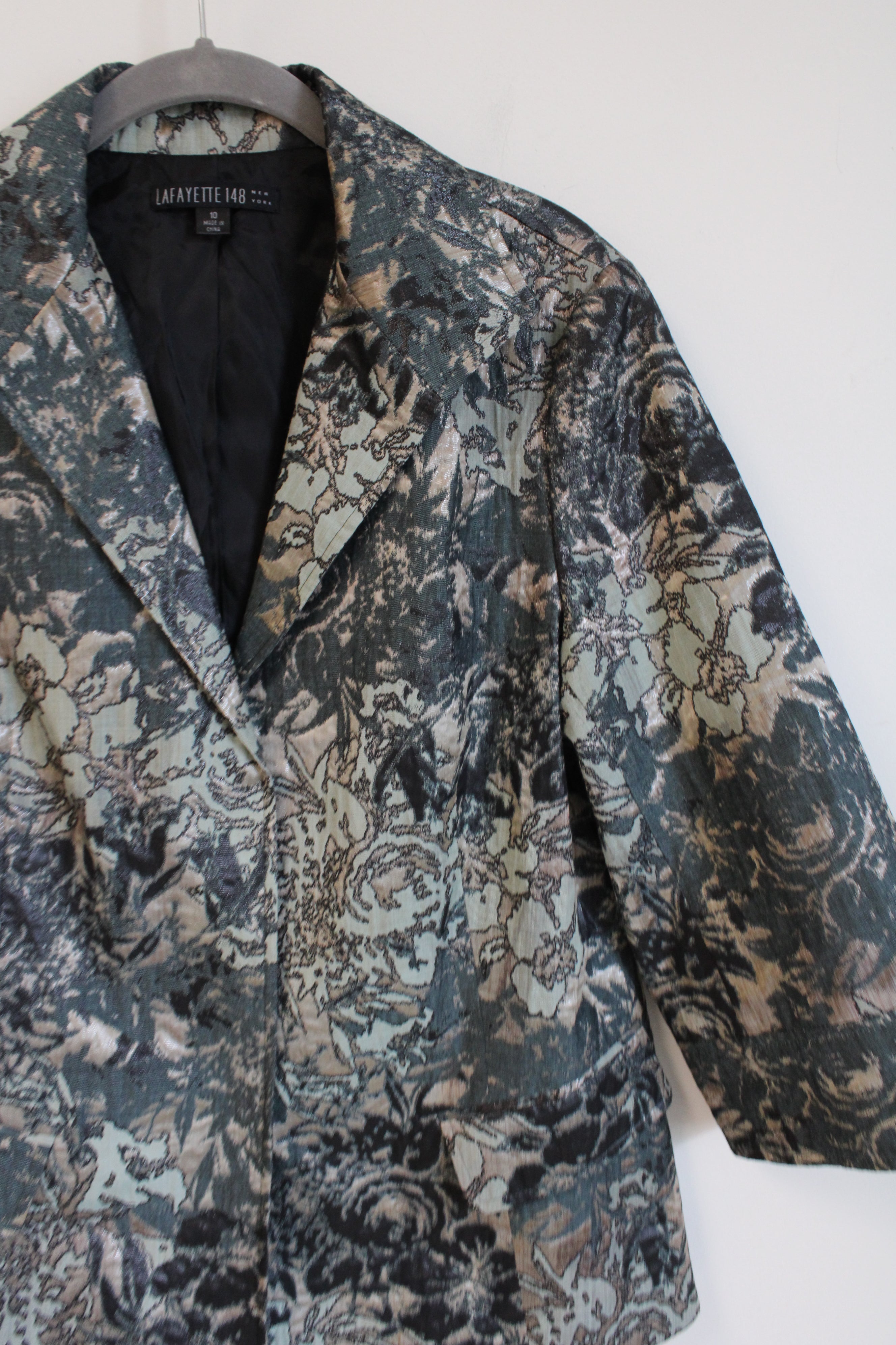 Lafayette 148 New York Helena Brocade Green Gray Floral Blazer Jacket | 10