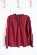 Ann Taylor Wine Red Silky Ruffled Neck Long Sleeved Top | S