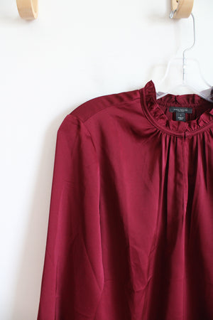 Ann Taylor Wine Red Silky Ruffled Neck Long Sleeved Top | S