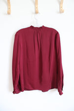 Ann Taylor Wine Red Silky Ruffled Neck Long Sleeved Top | S