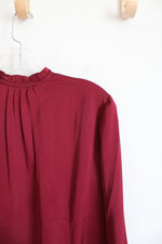 Ann Taylor Wine Red Silky Ruffled Neck Long Sleeved Top | S