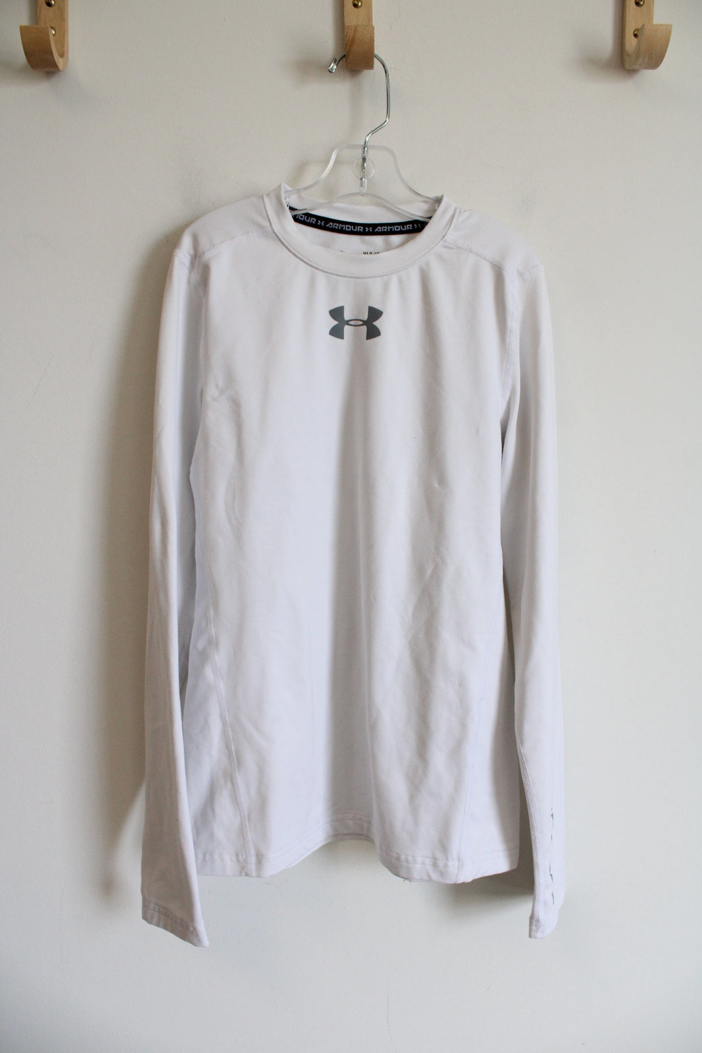 Under Armour White Fitted Fleece Lined Long Sleeved Shirt | Youth L (14/16)