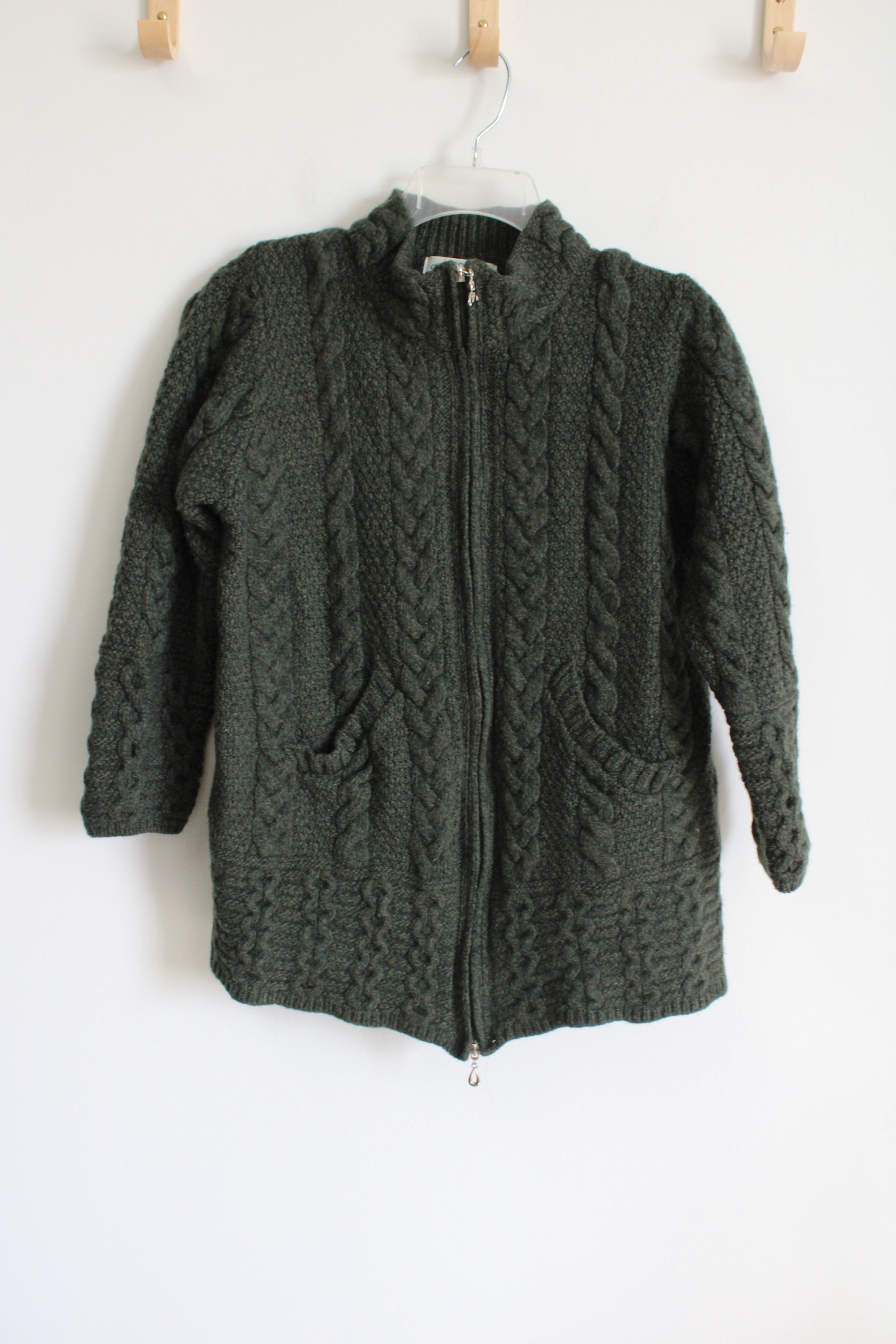 Aran Crafts Ireland 100% Merino Wool Green Cable Knit Sweater | S