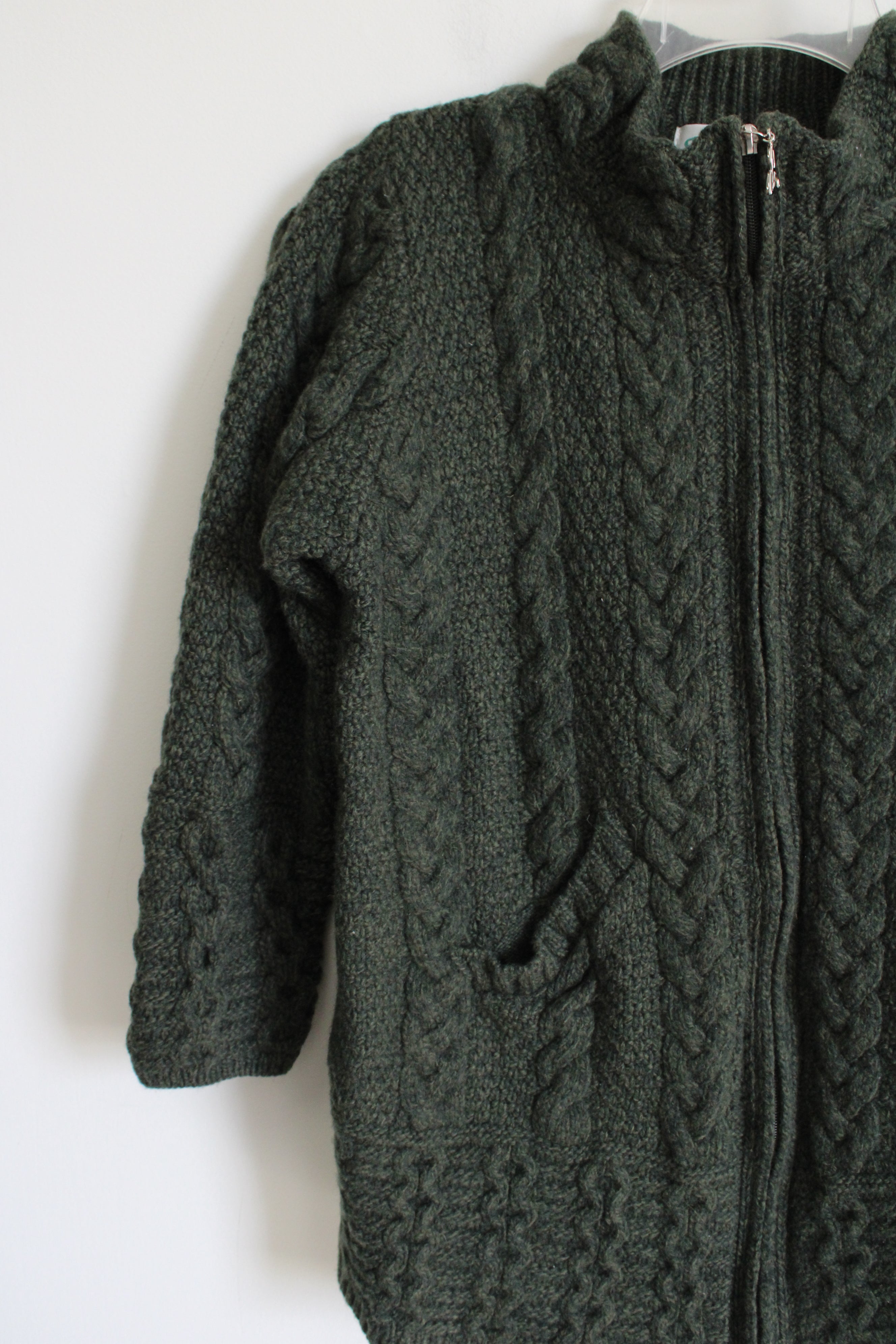 Aran Crafts Ireland 100% Merino Wool Green Cable Knit Sweater | S