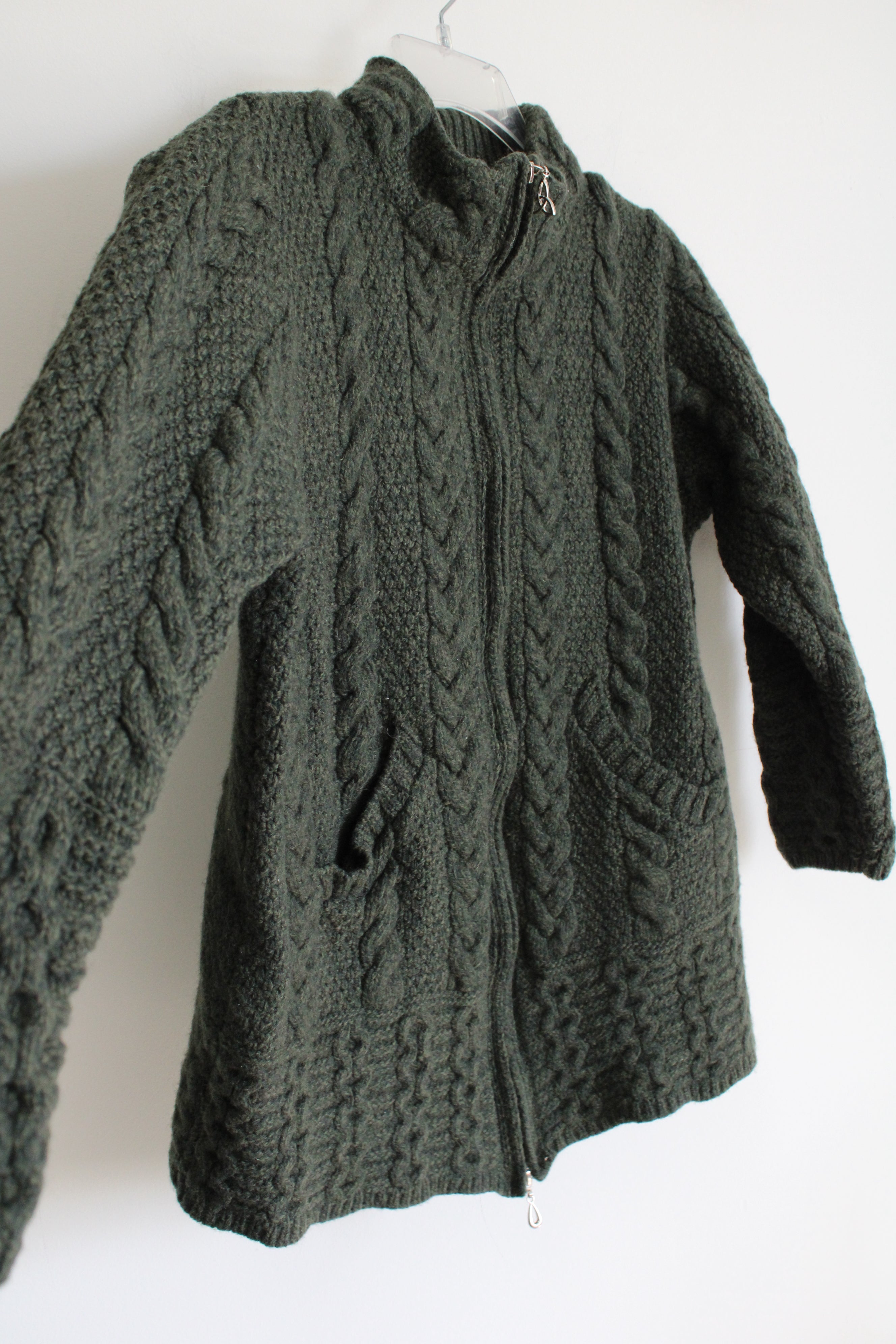 Aran Crafts Ireland 100% Merino Wool Green Cable Knit Sweater | S