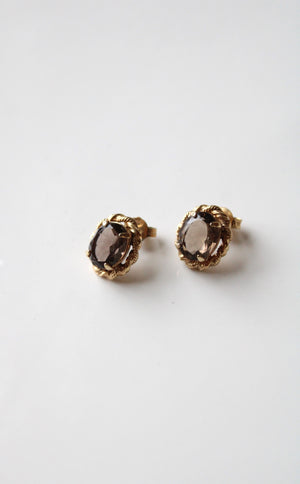 Brown Smokey Quarts Oval Stud Gold Fill Earrings