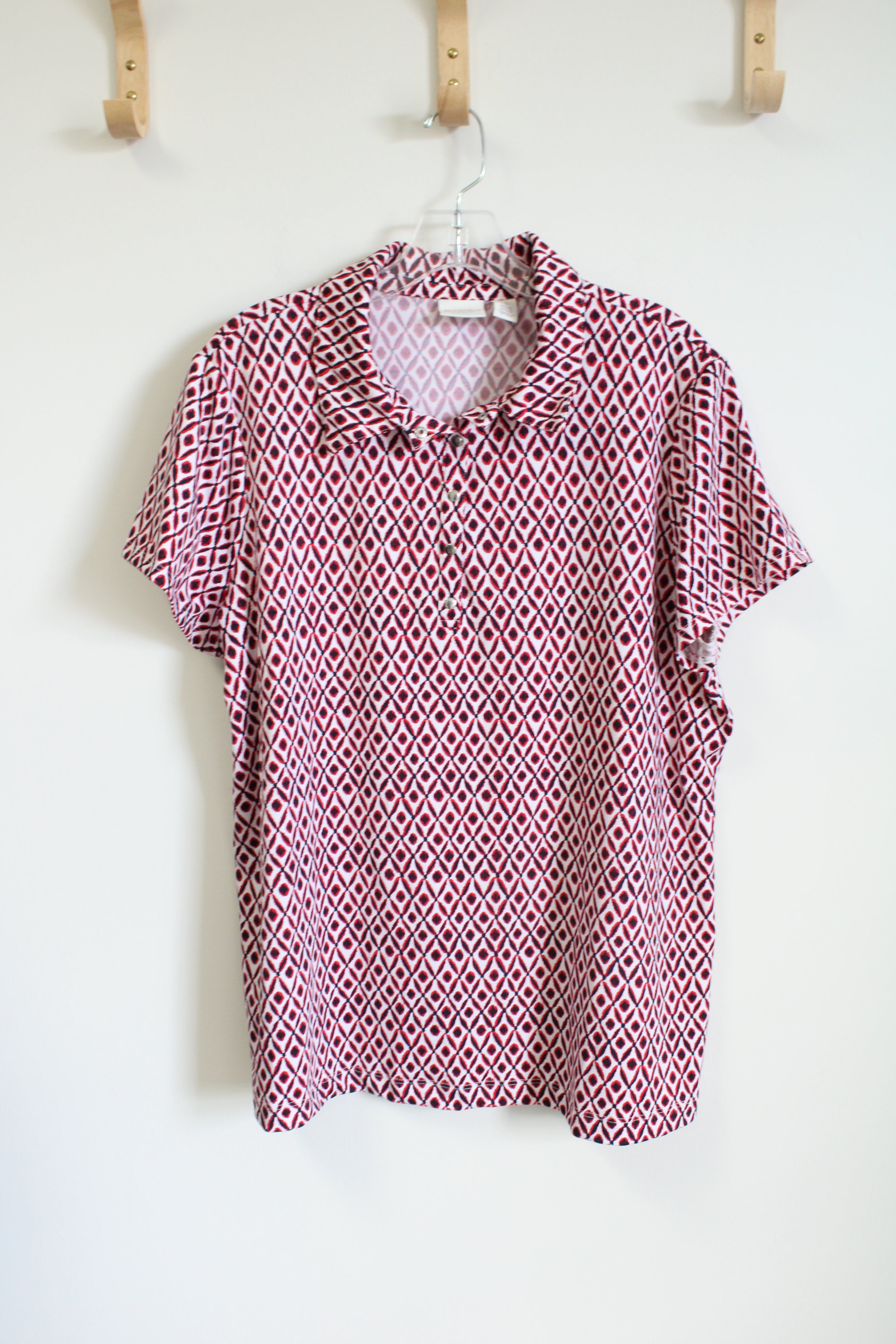 Weekends By Chico's Red Black Patterned Polo Shirt | 3 (XL/16)