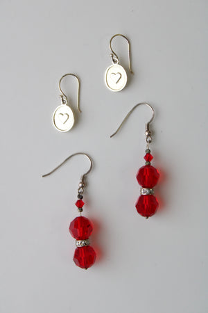 Red Beaded & Heart Dangle Earring Pair