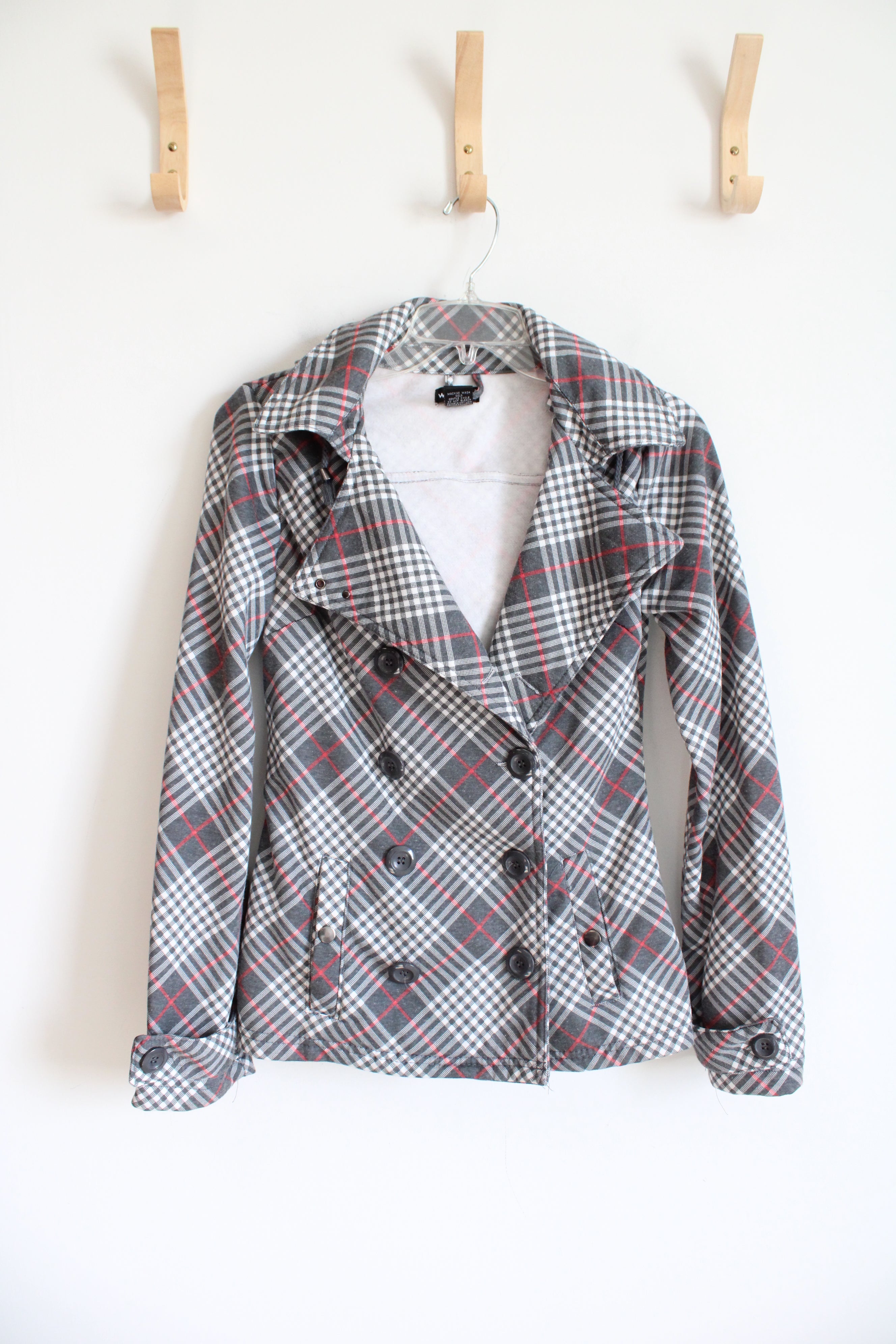 Wet Seal Gray White & Red Plaid Fleeced Lined Jacket Hoodie | L