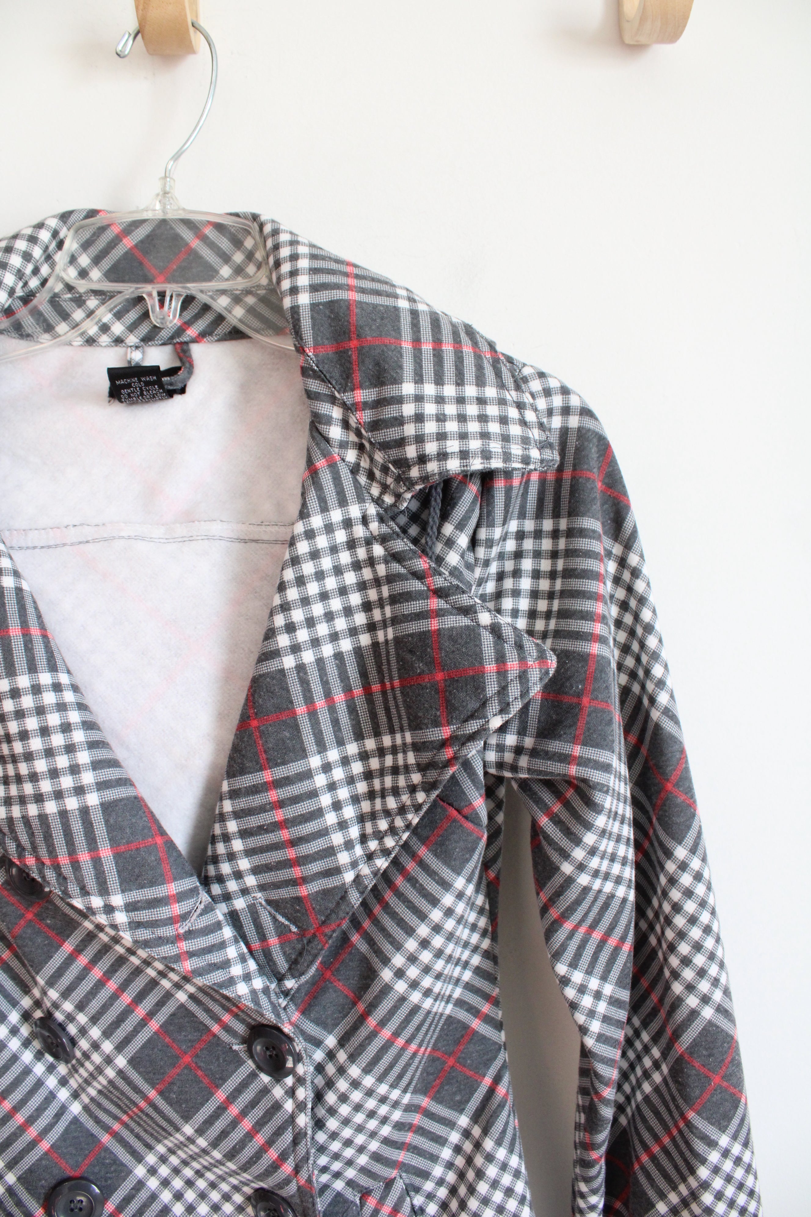 Wet Seal Gray White & Red Plaid Fleeced Lined Jacket Hoodie | L