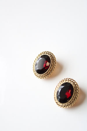 Loree Oval Garnet Clip On Gold Earrings