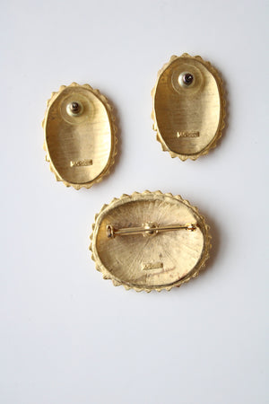 JJ 1988 Gold Vintage Tribal Style Earring & Brooch Pin Set