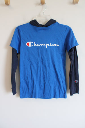 Champion Cobalt Blue Hooded Long Sleeved Shirt | Youth M (10/12)