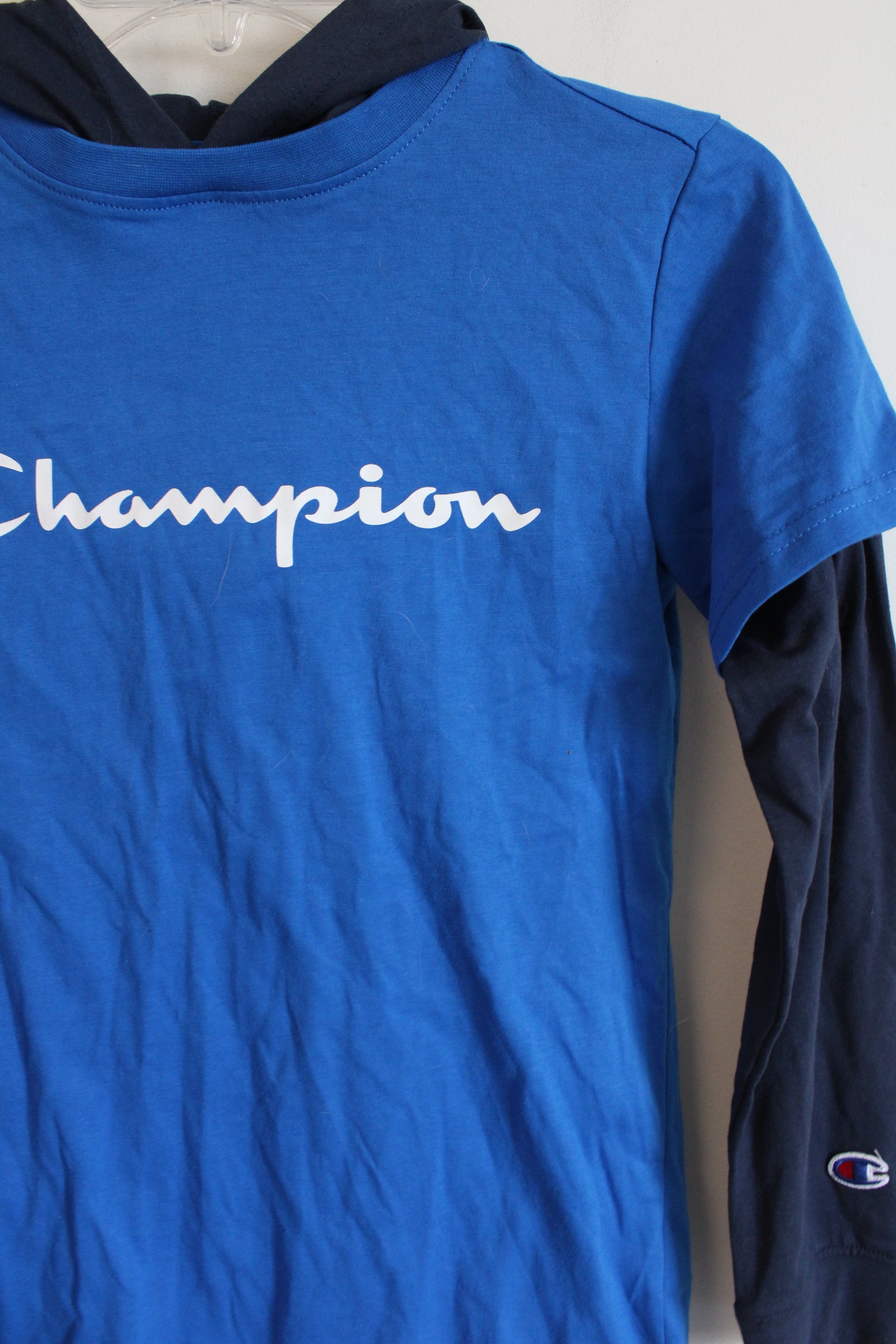 Champion Cobalt Blue Hooded Long Sleeved Shirt | Youth M (10/12)