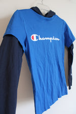 Champion Cobalt Blue Hooded Long Sleeved Shirt | Youth M (10/12)