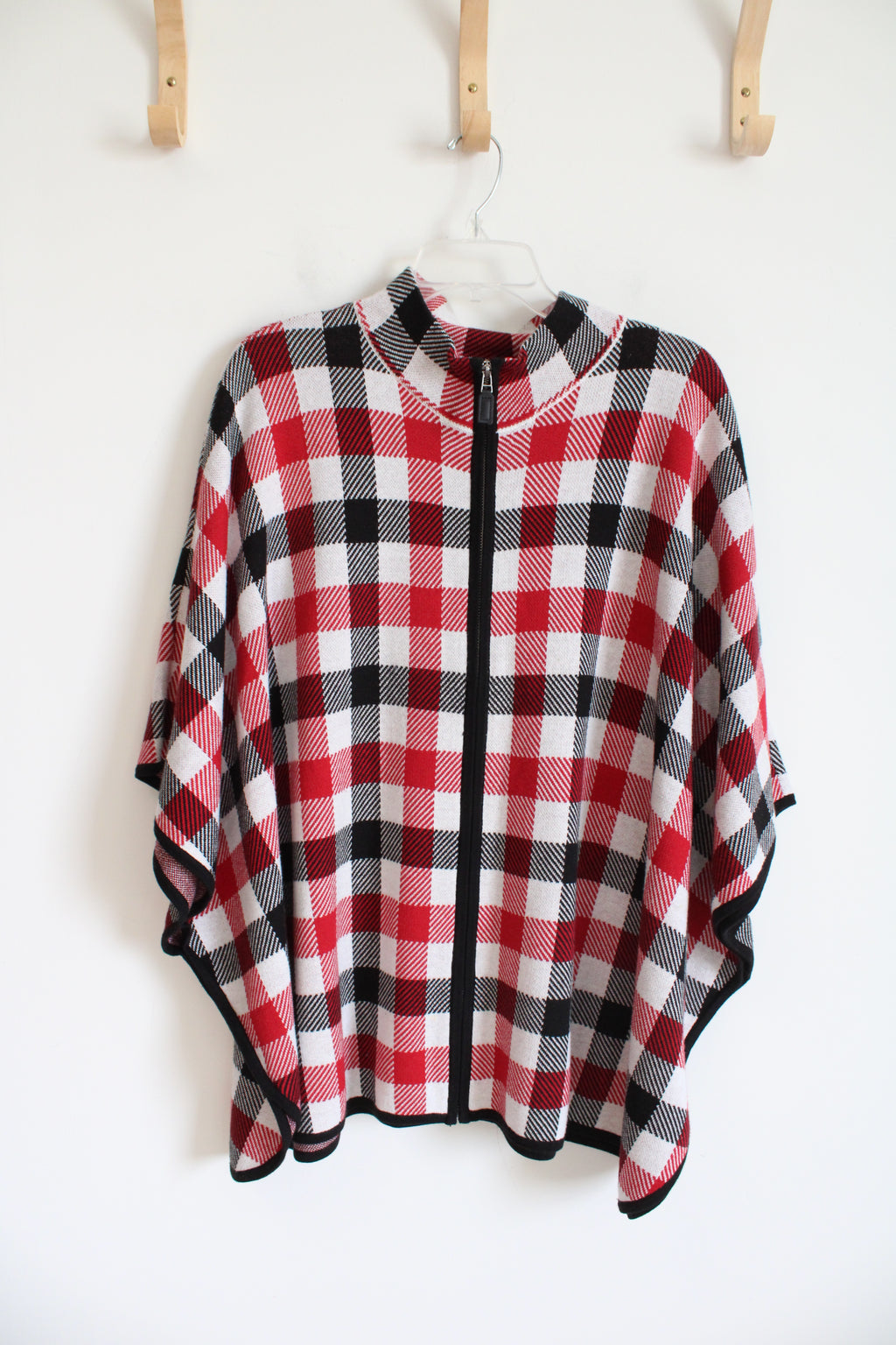 Preswick & Moore Red Black & White Plaid Full Zip Poncho | L/XL