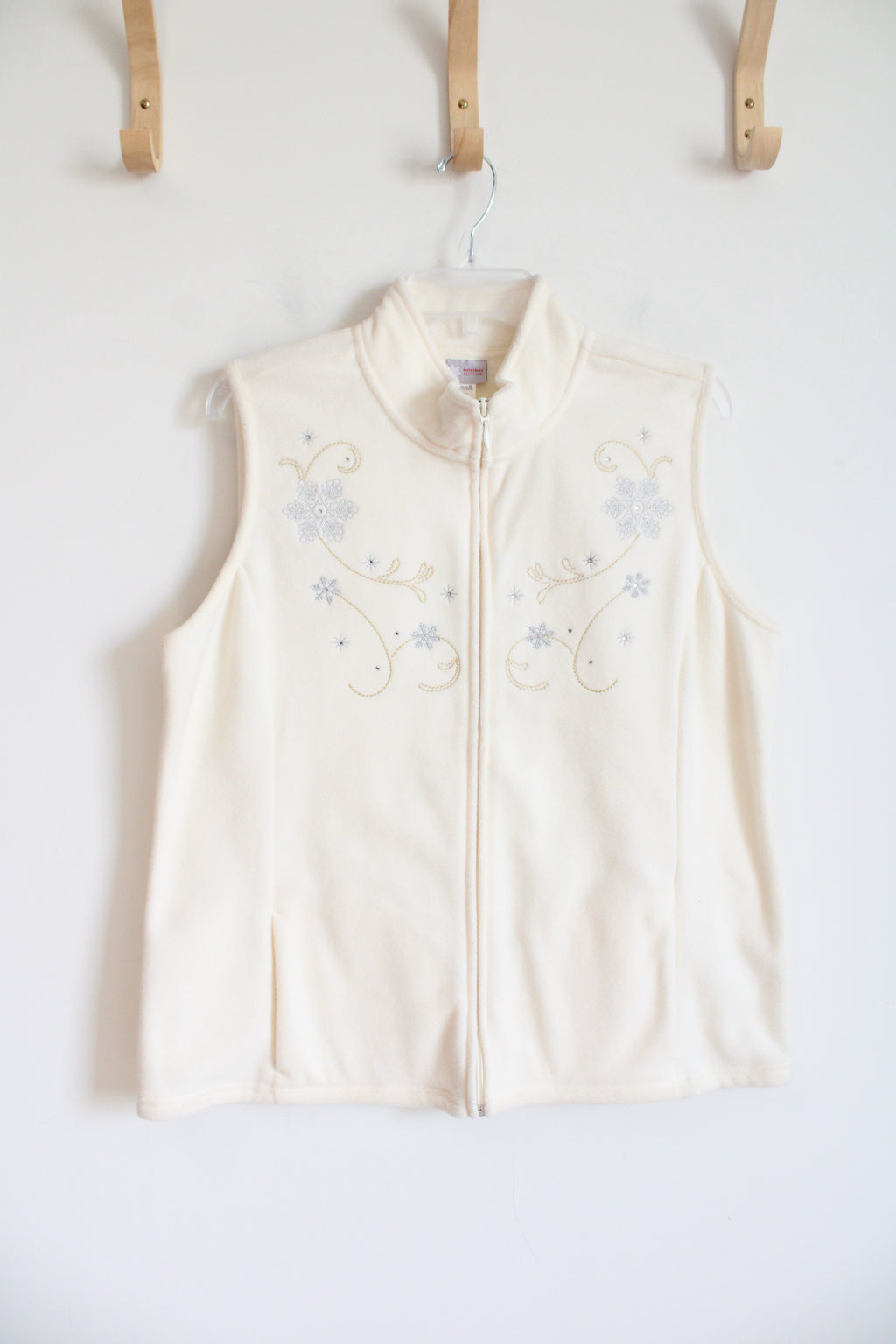 Holiday Editions Off-White Silver Snowflake Fleece Vest | L