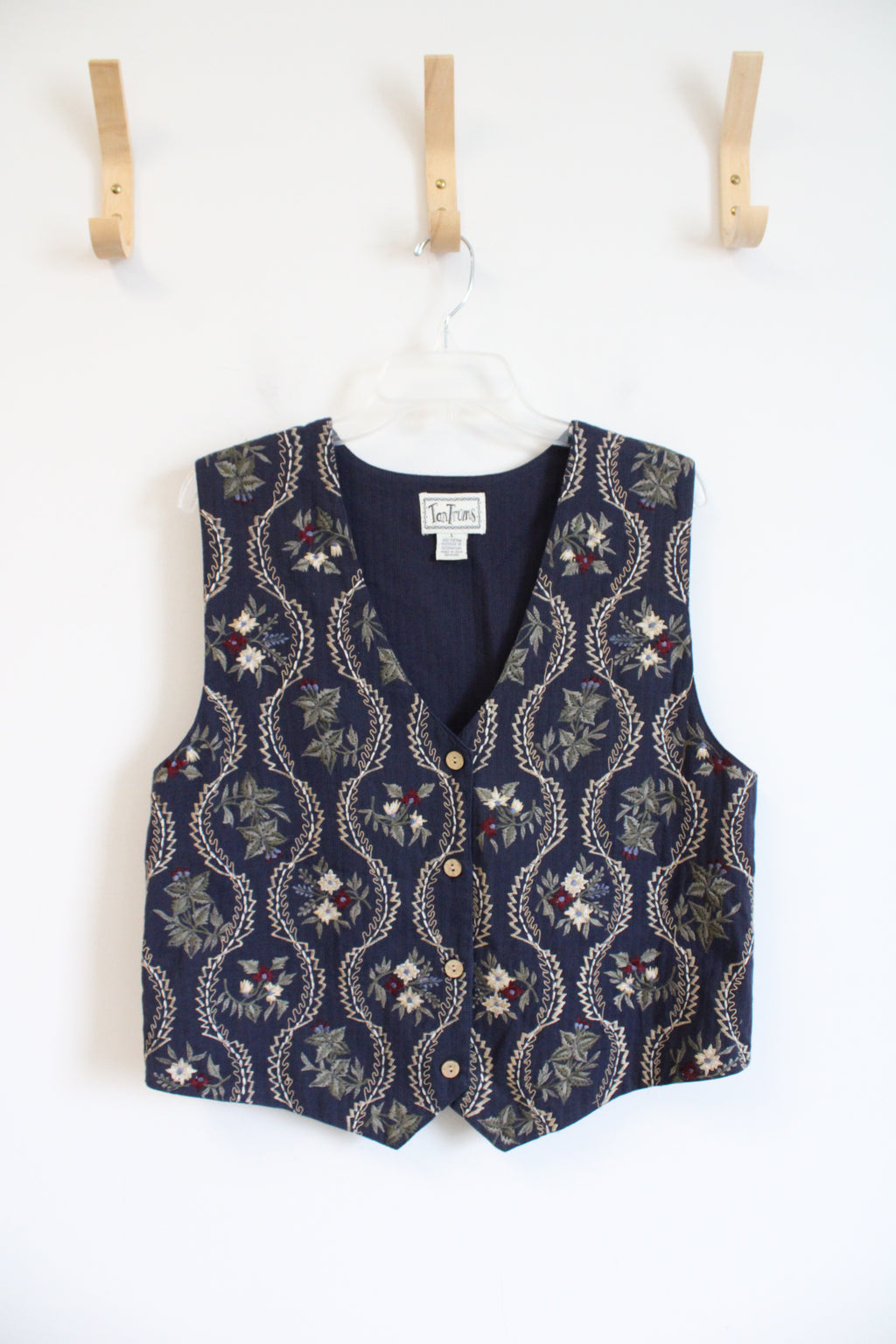 Tantrums Vintage Blue Embroidered Floral Button Down Vest | L