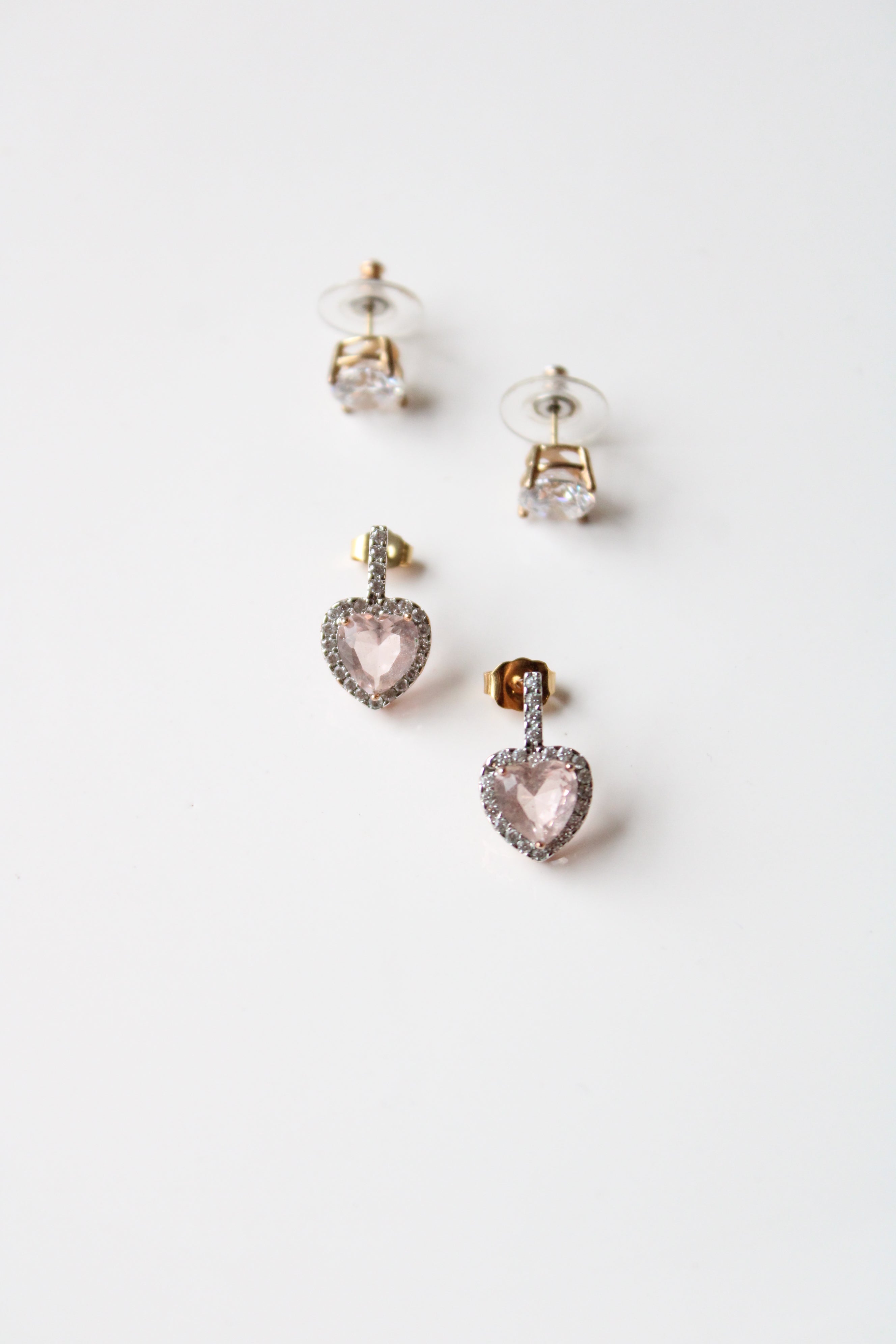 Rose Gold Heart & Yellow Gold Rhinestone Stud 925 Earring Set