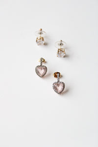 Rose Gold Heart & Yellow Gold Rhinestone Stud 925 Earring Set