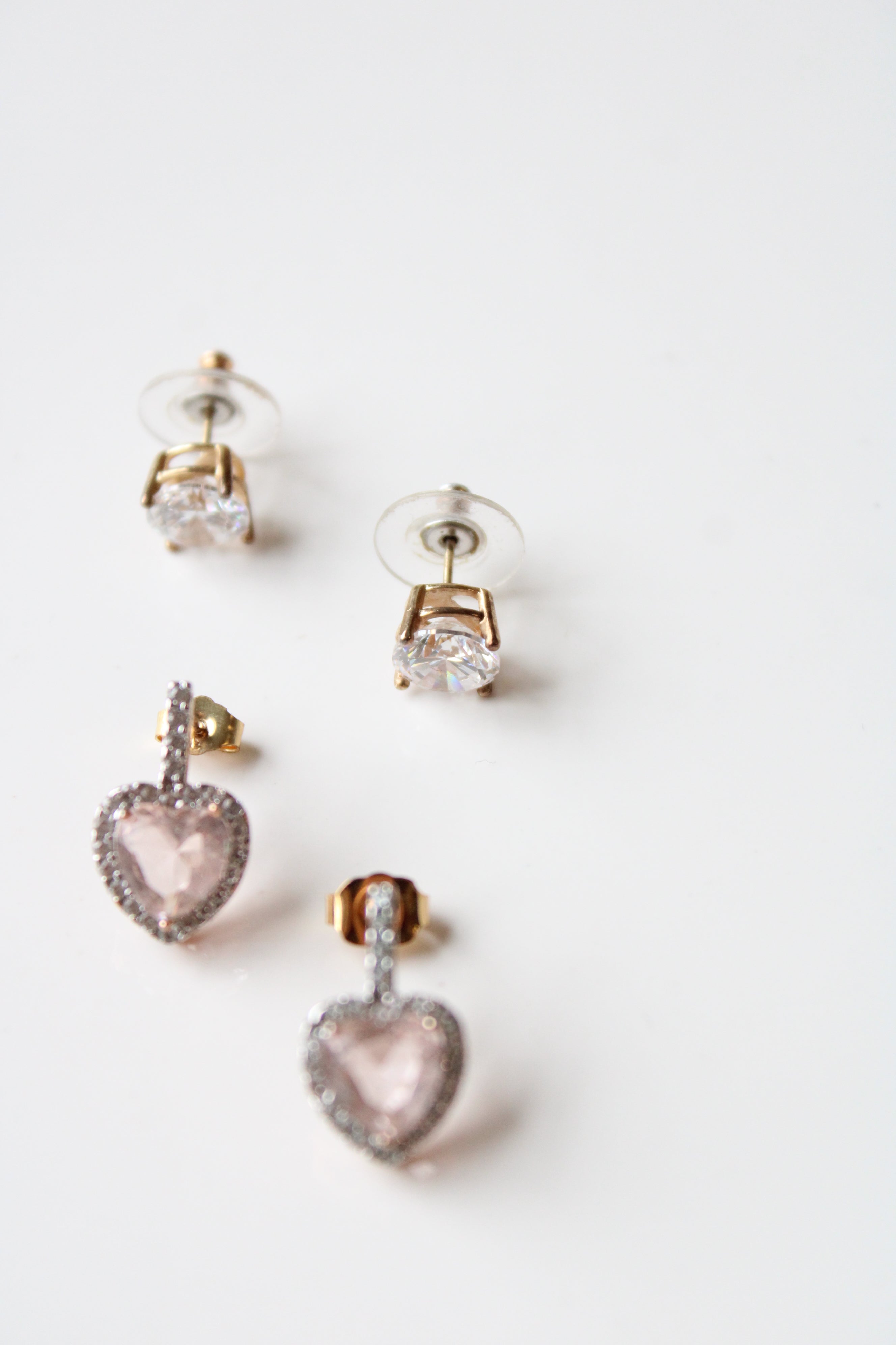 Rose Gold Heart & Yellow Gold Rhinestone Stud 925 Earring Set