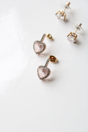 Rose Gold Heart & Yellow Gold Rhinestone Stud 925 Earring Set