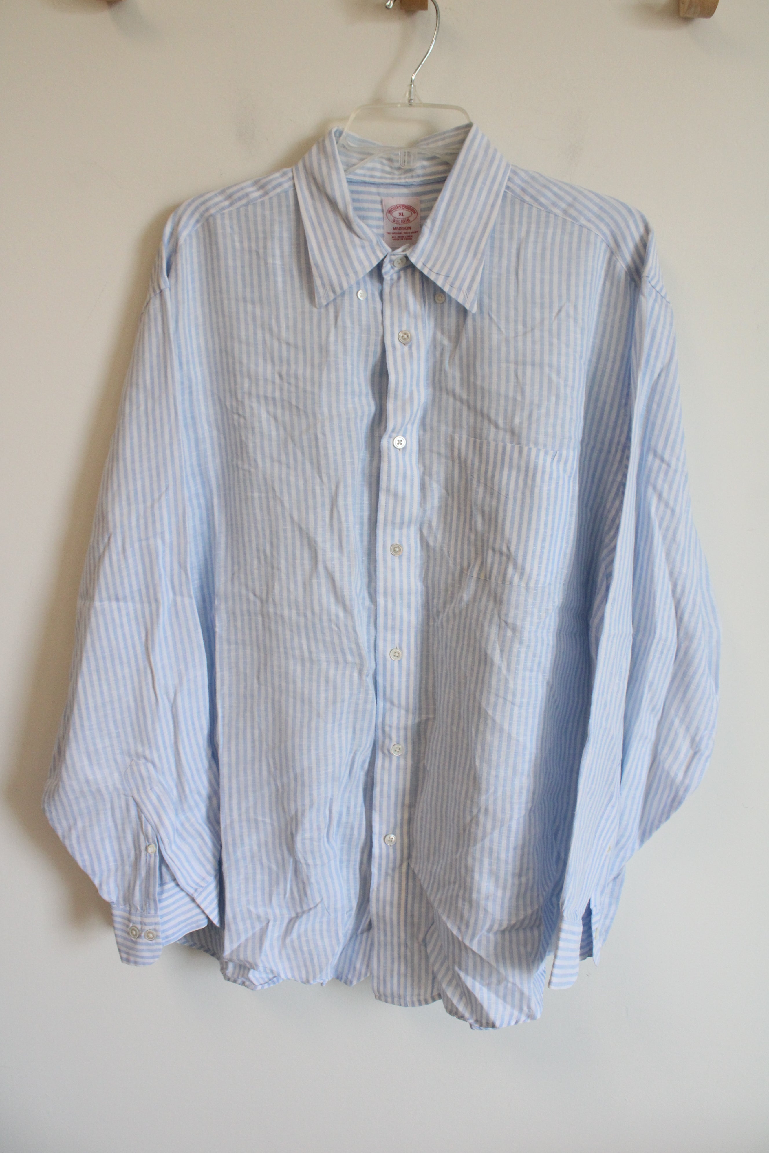 Brooks Brothers Madison Irish Linen Blue White Striped Button Down Shirt | XL