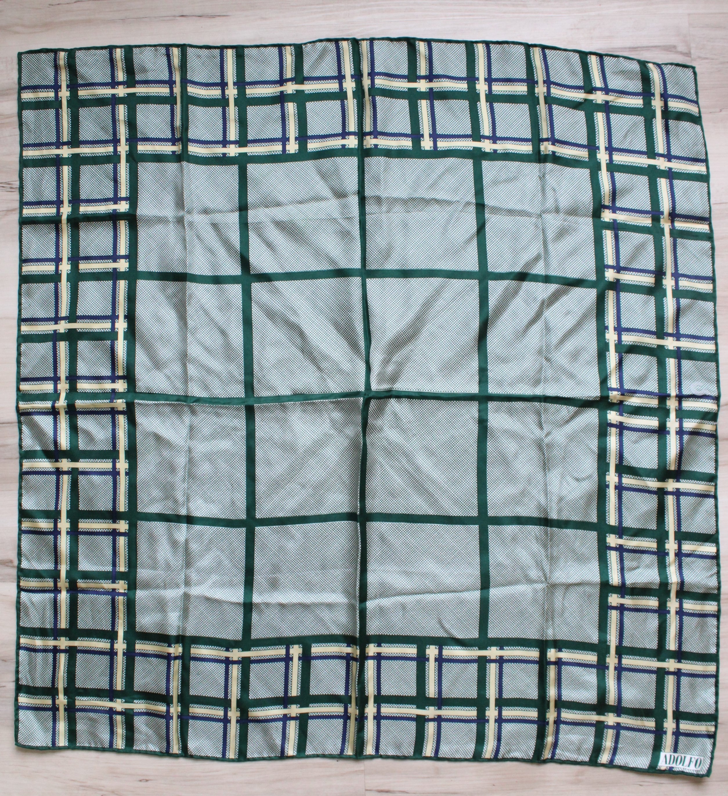 Adolfo Green Blue Plaid Vintage Scarf