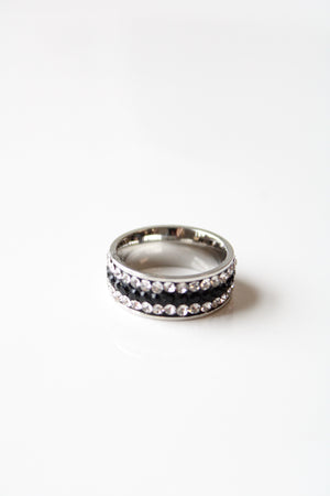 Black & Clear Rhinestone Stainless Steel Band Ring | Size 7