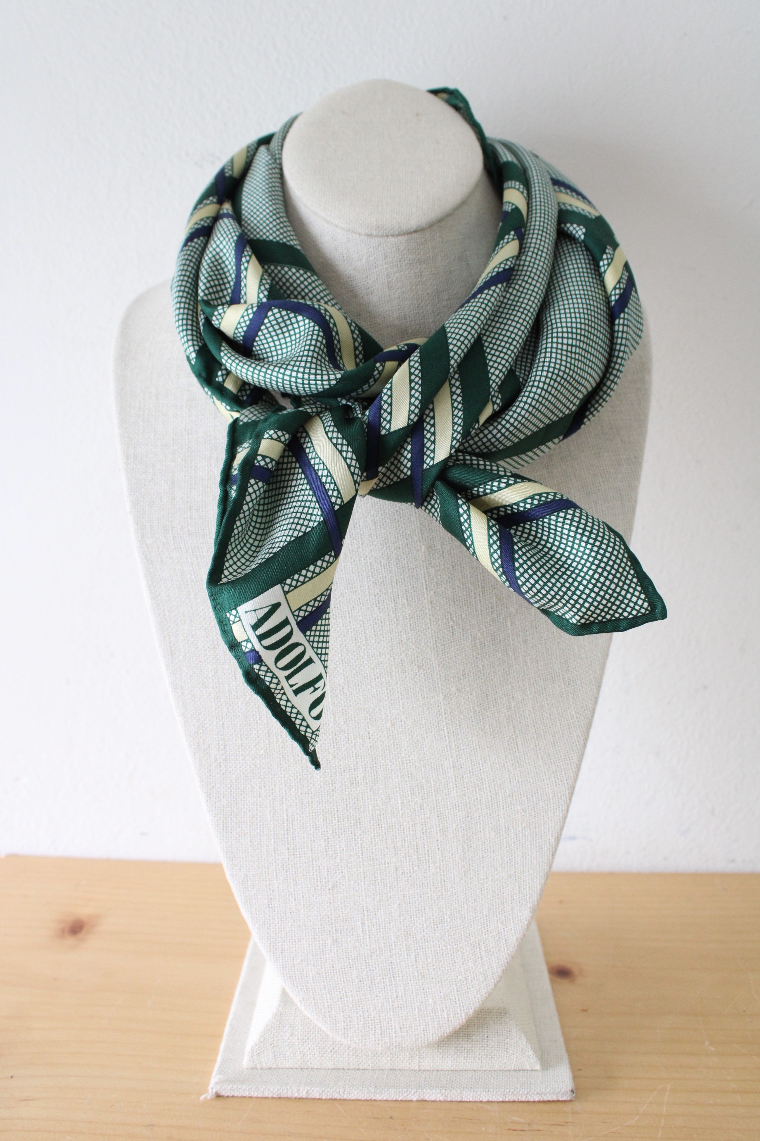 Adolfo Green Blue Plaid Vintage Scarf