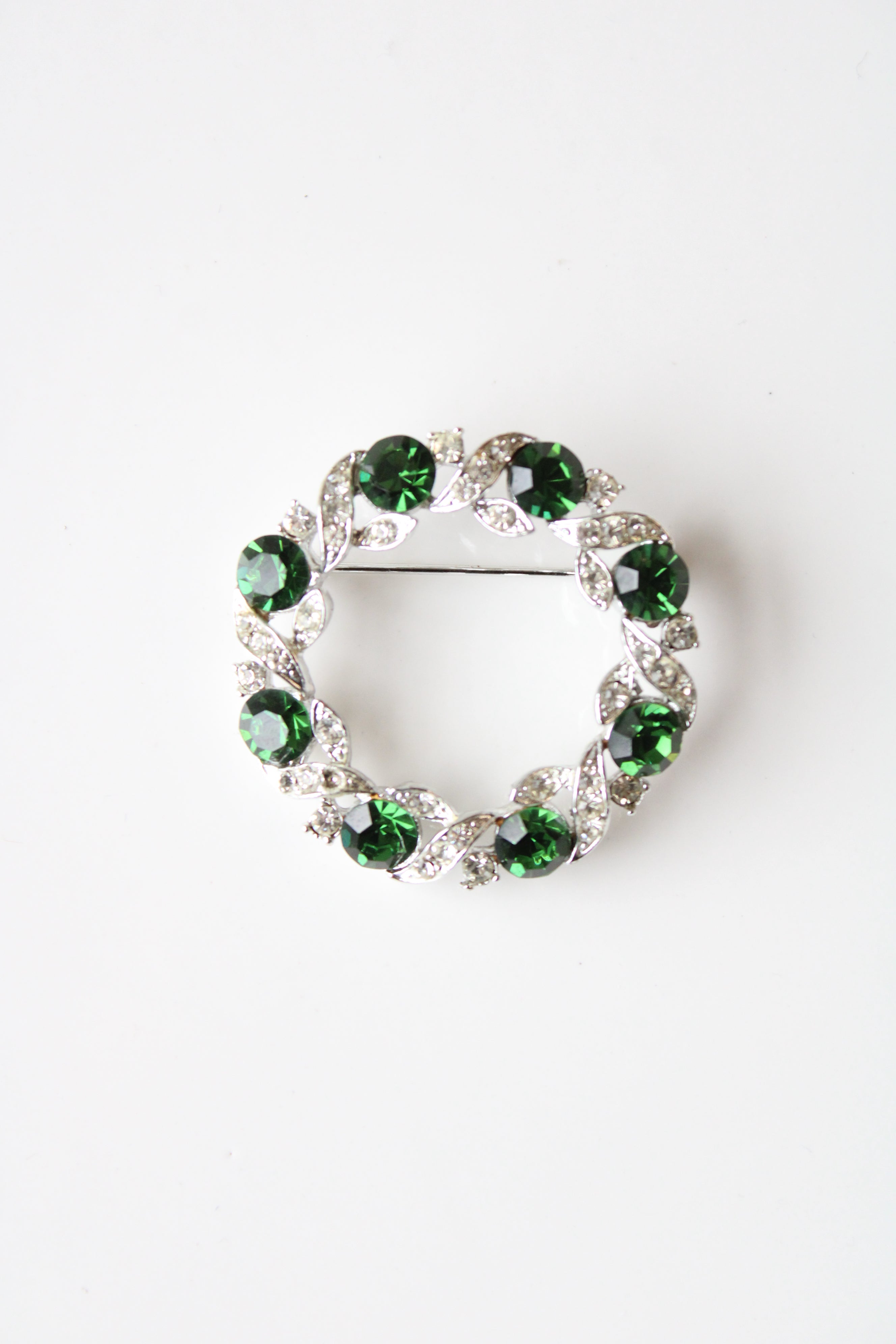 Green & Clear Rhinestone Silver Circular Brooch Pin